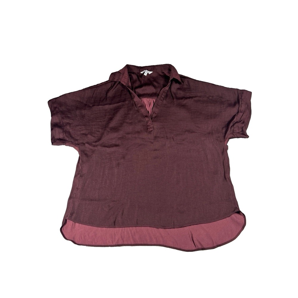 Naked Zebra Womens Small Burgundy Chiffon V-Neck Short Sleeve Blouse Top